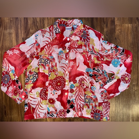 CHICO’S Silk Red Floral Blouse size M - Picture 8 of 12
